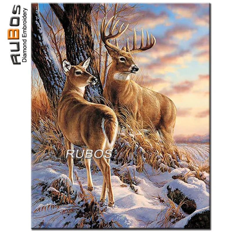 RUBOS DIY 5D Diamond Mosaic Two Elk Deer Forest Diamond Embroidery Rhinestone Diamond Painting Needlework Wall Picture Sticker (1)