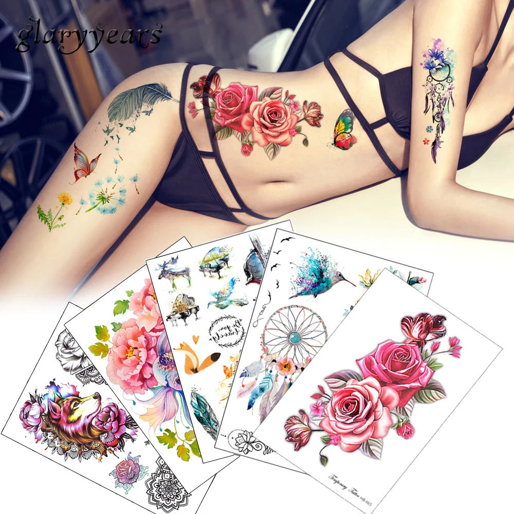 Цветок Наклейка с птицами 1 шт Поддельные Для женщин Для мужчин DIY Henna боди-арт тату дизайн HB556 бабочки ветви дерева яркие Временные татуировки Стикеры