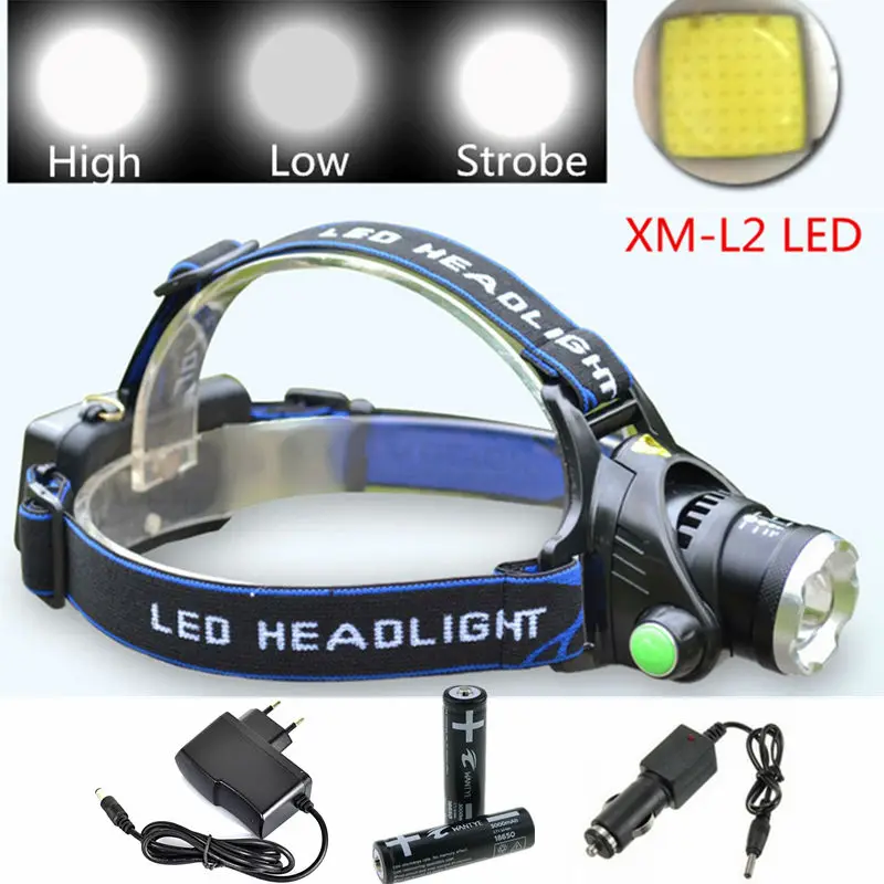 

Zoomable Headlight 3800LM CREE XML L2 LED Headlamp Rechargeable Head Light Lamp For Hunting Camping+2x18650 battery/Charger