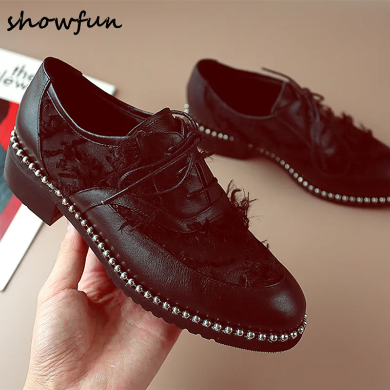 

women's genuine leather patchwork fringe lace-up flats oxfords brand designer beading leisure brogues shoes comfortable shoes