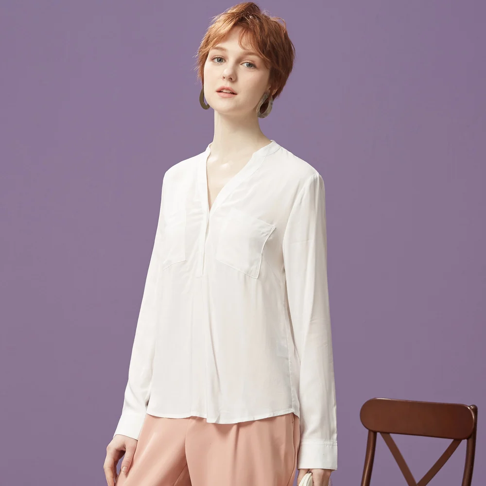 METERSBONWE طويلة الأكمام قميص المرأة بلوزة الخريف جديد وصول الأبيض تظهر رقيقة V طوق قميص