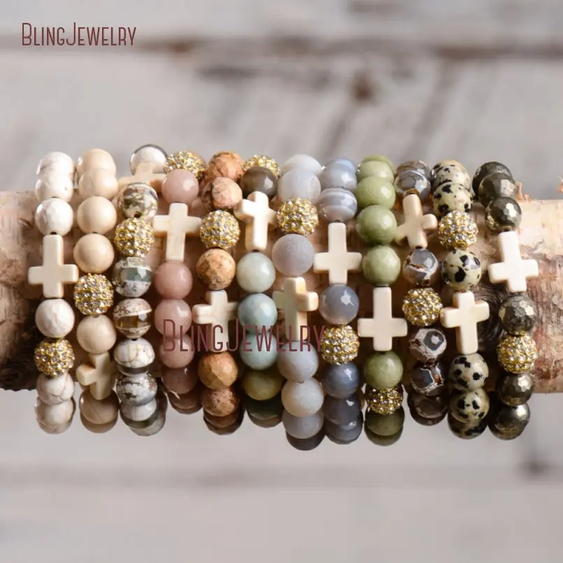 

Boho Chic Dzi Agates Stone White Turquoises Howlite Cross Bracelets BM20130