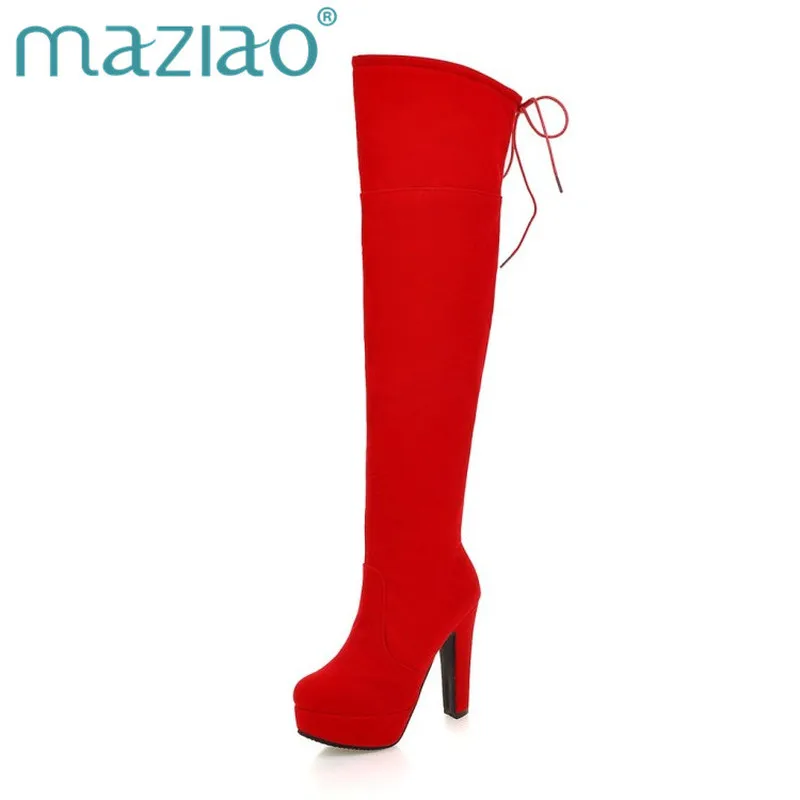 

MAZIAO Fashion Ladies Boots Black Red New Arrive Women Boots Simple Flock Zipper Lace Up Over The Knee Boots Platform Super High