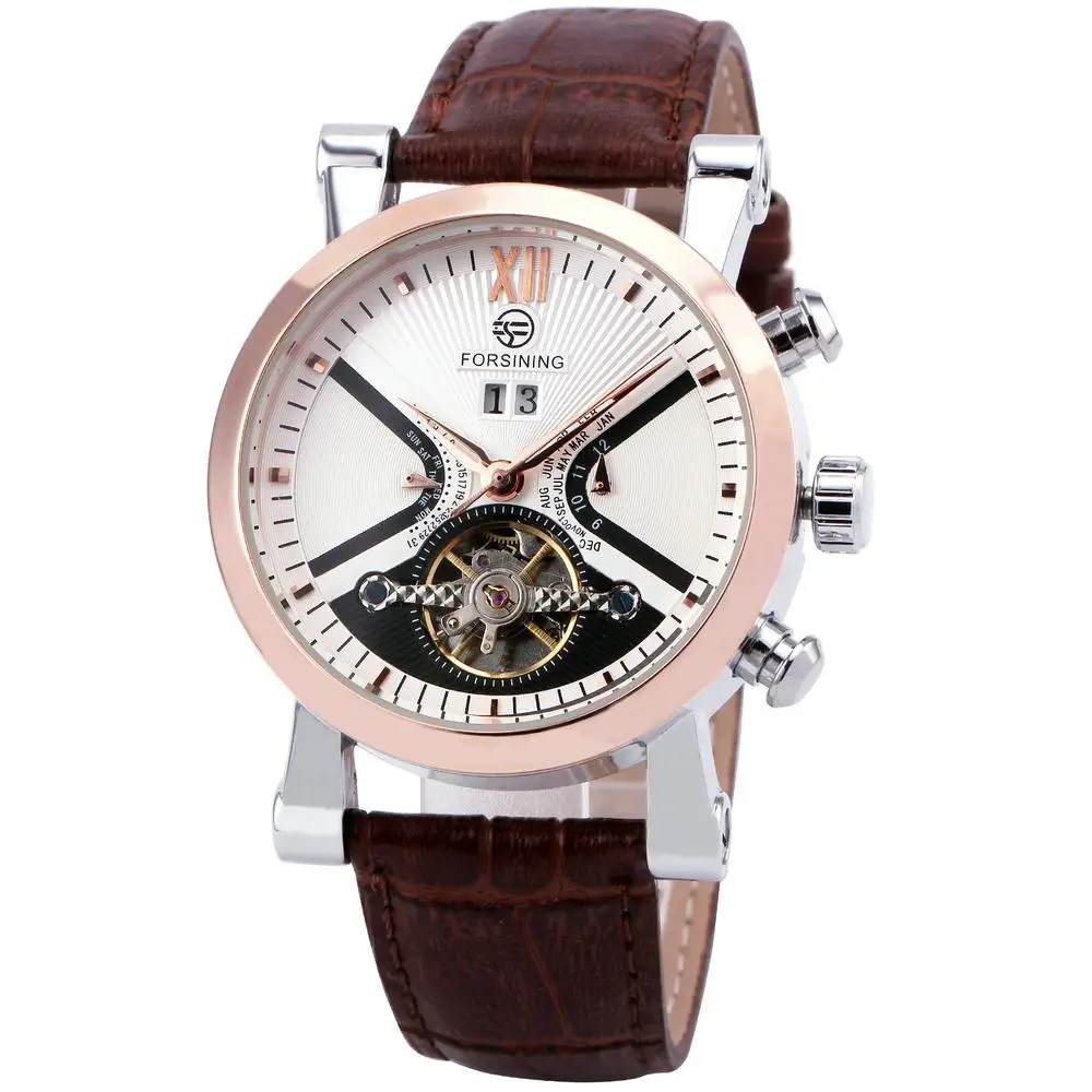 FORSINING BASEBALL Design Men Tourbillon Automatic Mechanical Watch Leather Strap Date Month Display BOX