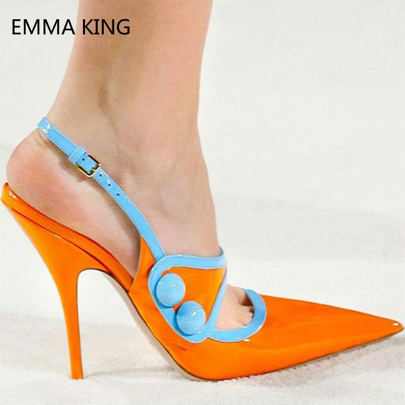 

Orange Slingback Pumps Women Patent Leather Pointy Toe Stiletto Heels Shoes Ankle Strap Shallow Female Sexy Party Shoes Woman