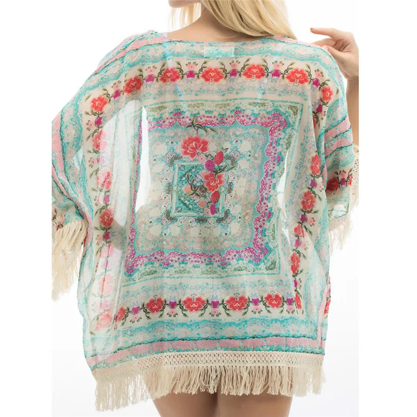 

Summer Swimwear Women Hollow Chiffon Tassel Patchwork Beachwear Bikini Swim Suit Cover Up Chiffon Shirt Blouse Robe De Plage