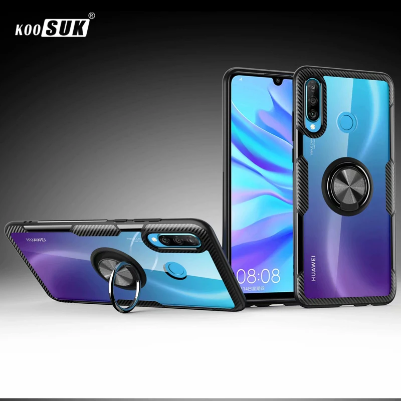 

For Huawei P30 Lite Case Cover Luxury Transparent Carbon Fiber Full Protection Ring Magnetism Case For Huawei P30 Pro Case Coque