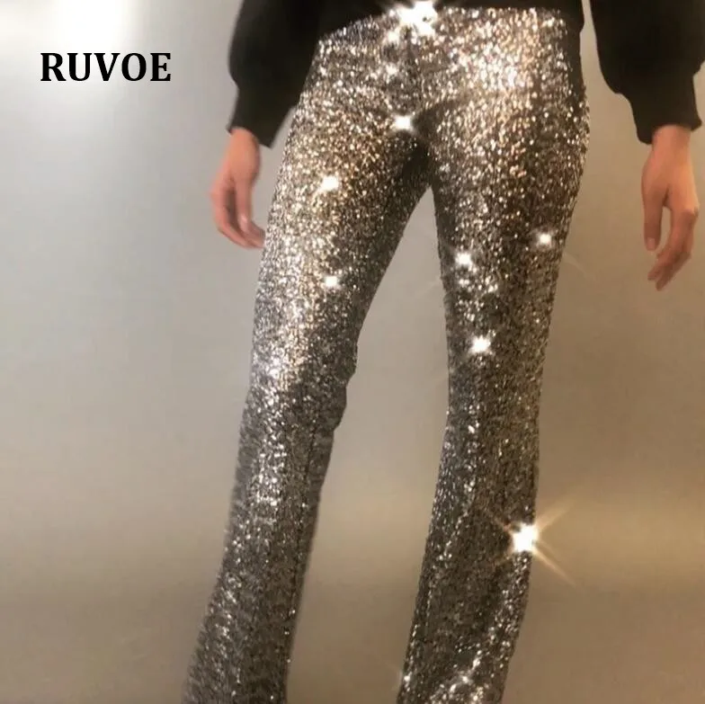 

Black Gold Sequin Trousers Women Sparkle Metallic Maxi Ladies Silver High Waist Long Wide Leg PantsClub Wear Stage Dance YFL-085