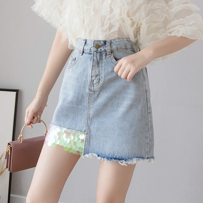 

New Woman's Denim Skirts Sequined Summer Light Blue Korean Fashion Mini Skirts for ladies high street