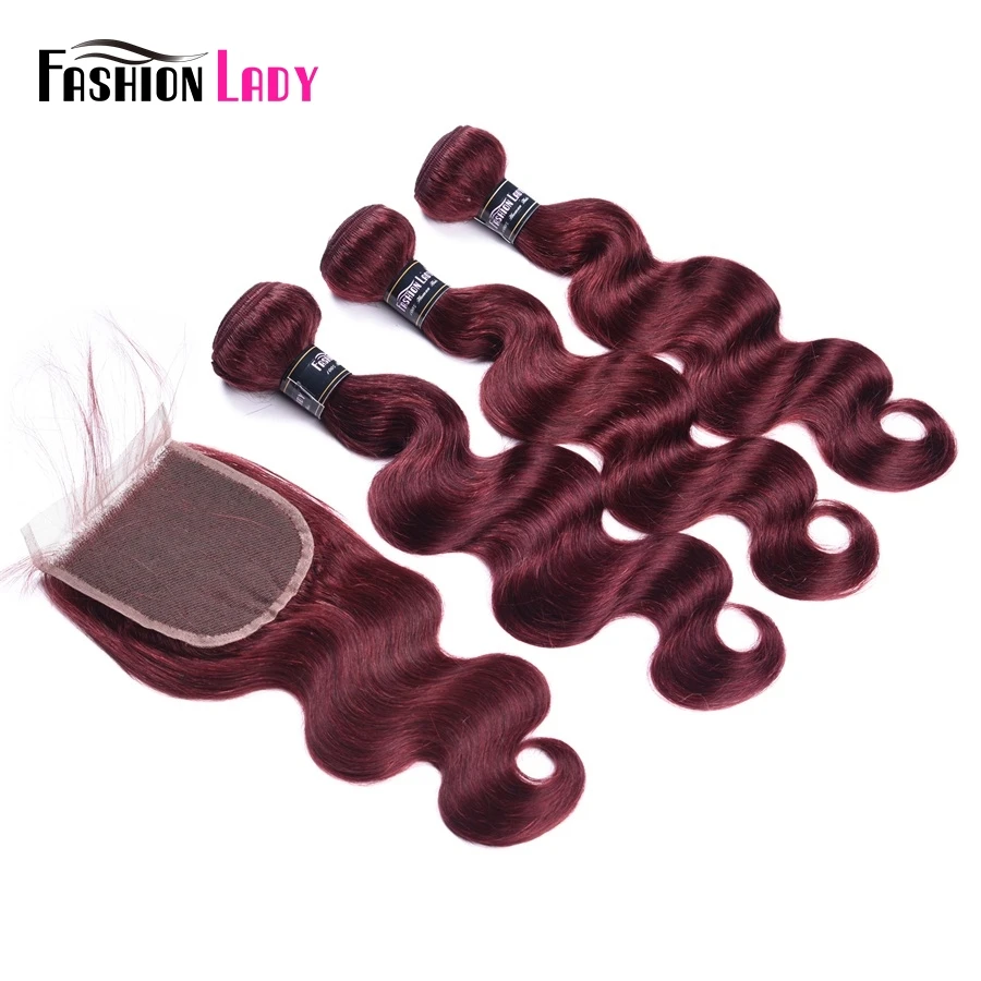 Fashion Lady Pre-Colored 3pcs Red 99j Mahogany Body Wave Mongolian Hair Bundles With Free Part Lace Closure Non-Remy