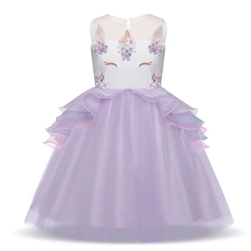 Летнее Детское платье принцессы с единорогом; детская одежда; юбка для девочек; свадебное платье - Цвет: Purple lace