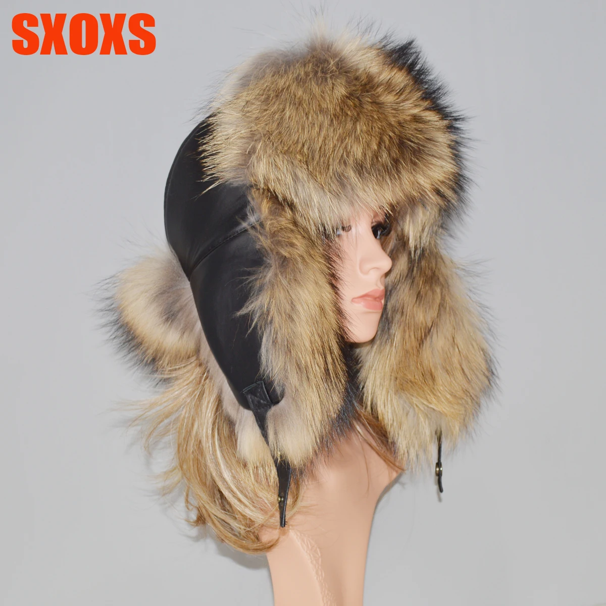 

Men's Winter Russia Real Fox Fur Warm Hat Quality Soft 100% Genuine DIY Raccoon Fur Bomber Hats Sheepskin Leather Hat