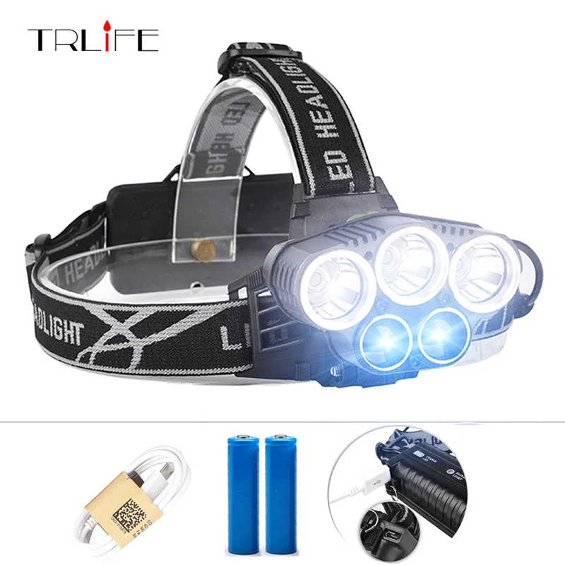 

5 LED Headlight 15000LM T6 LED Headlamp Head Lamp Light Outdoor Lighting + 2* 18650 Battery + AC/Car/USB Charger