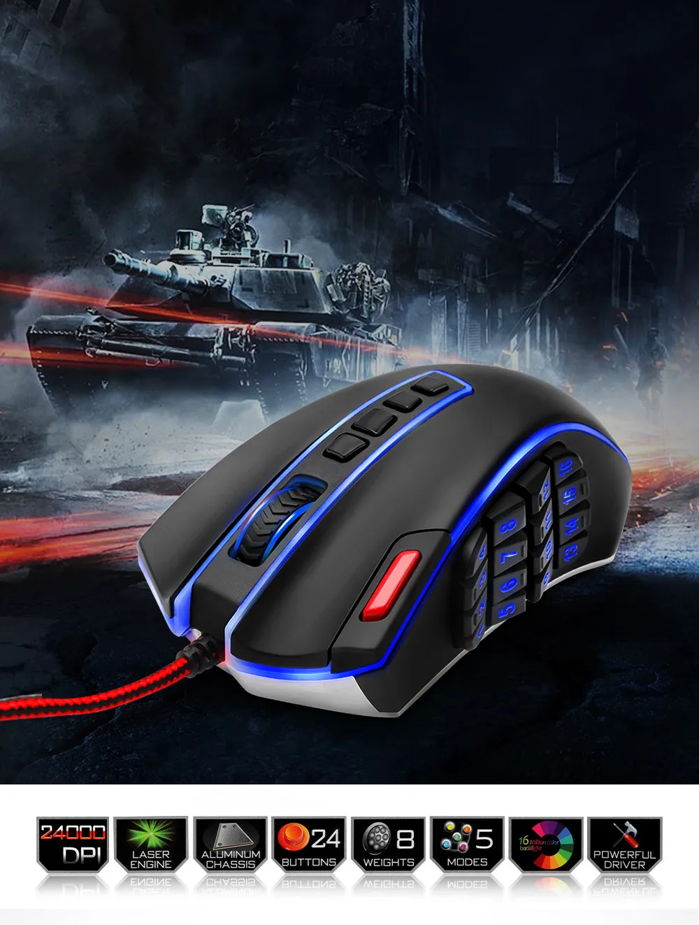 Redragon Wired USB Gaming Mouse 24000DPI 24 Buttons Laser Programmable Game Mice LED RGB Backlight Ergonomic For Laptop Computer