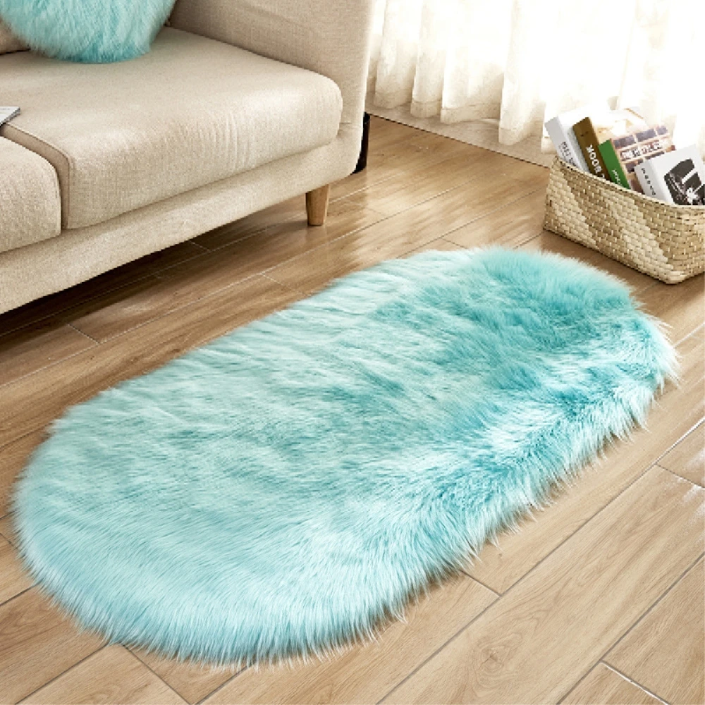 

Artificial Wool Oval Carpet Sheepskin Hairy Floor Mat Seat Pad Fur Plain Fluffy Soft Area Rug Tapete Carpets Sky Blue
