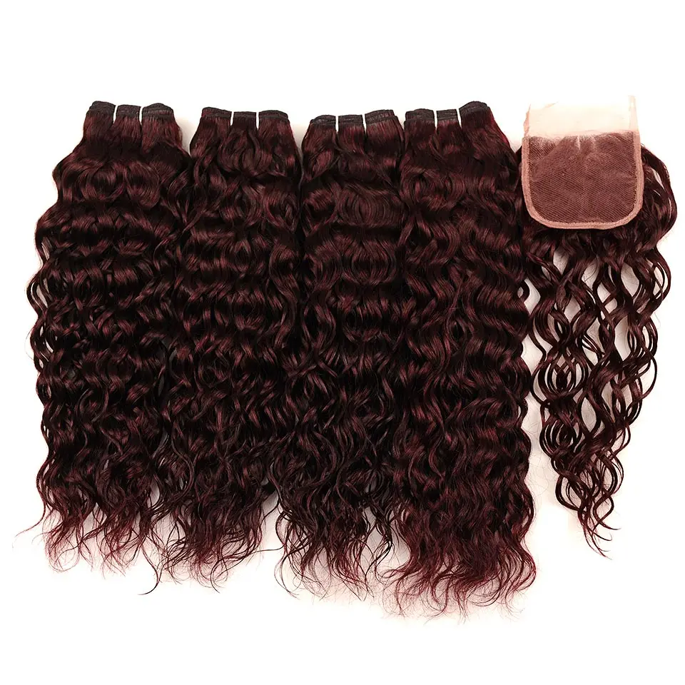 Brazilian Water Wave Hair Burgundy 4 Bundles With Closure Wet Wavy Pinshair Pre-Colored Dark Red Human Hair With Closure NonRemy (81)