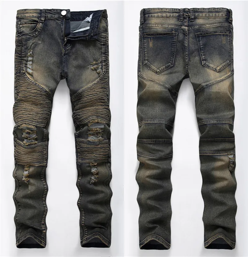 Fashion Hip Hop Patch Men Retro Jeans Knee Rap Hole Zipped Biker Jeans ...