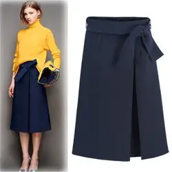Великобритания 2018 весна лето брендовая Новая Модная стильная женская темно-синяя трапециевидная юбка до середины икры с бантом женская