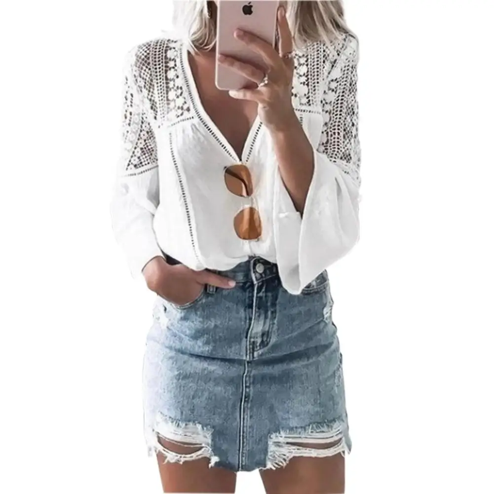 

Yfashion Lace Hollow Out White Blouse Women Solid Chiffon V-neck Lace Horn Sleeve Stylish Blouses Stitched Blouse Female femme