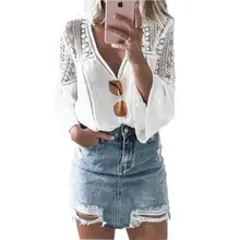 Yfashion Lace Hollow Out White Blouse Women Solid Chiffon V-neck Lace Horn Sleeve Stylish Blouses Stitched Blouse Female femme lace hollow bowknot blouse
