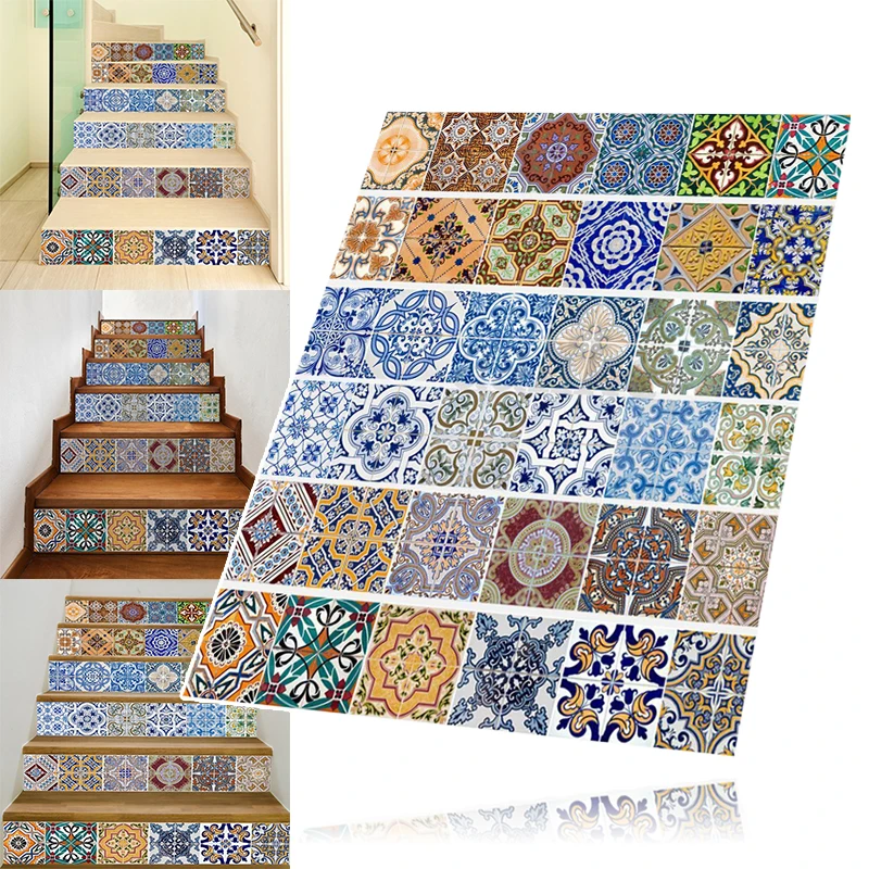 JX-LCLYL DIY 3D Retro Mexican Vinyl Stair Tile Risers Mural Decal Wall Paper Stickers