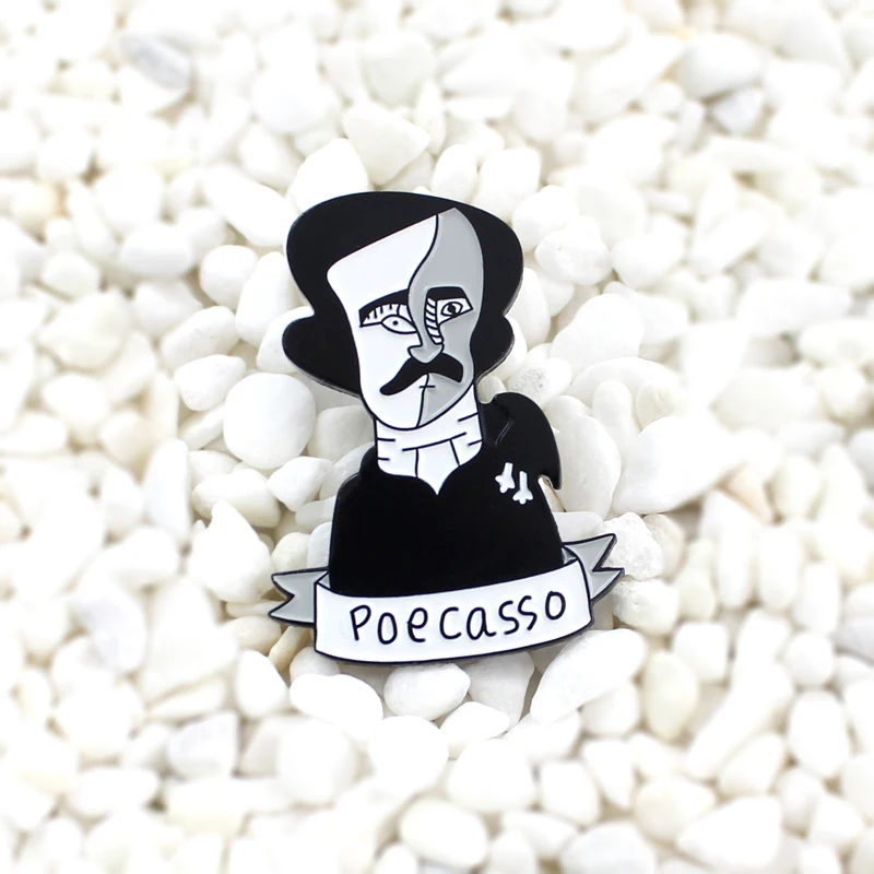 Poecasso-это интересная эмалированная брошь pun Edgar Allan Poe забавная витая с белыми