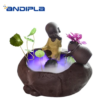 

110/220V Ceramic Cute Monk Feng Shui Water Fountain with Atomizer Office Decoration Craft Home Art Fish Tanks for Birthday Gifts