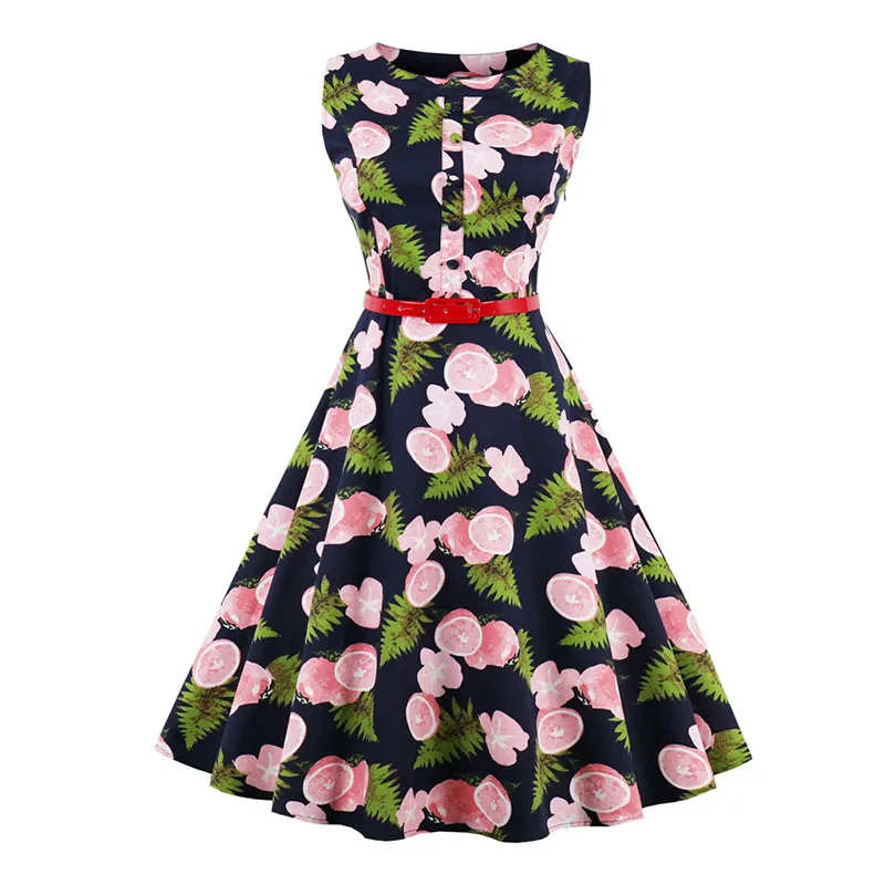 Kostlich 2018 Belt Tunic Women Summer Dress Sleeveless O-Neck Hepburn 50s 60s Vintage Dress Print Elegant Party Dresses Sundress (12)