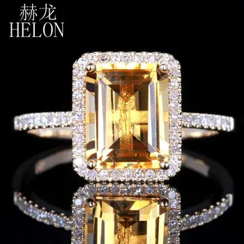 

HELON Citrine 6.5x8.5mm Emerald 0.2ct Diamond Accent Ring Real 14K Yellow Gold Engagement Wedding Fine Jewelry Women Ring