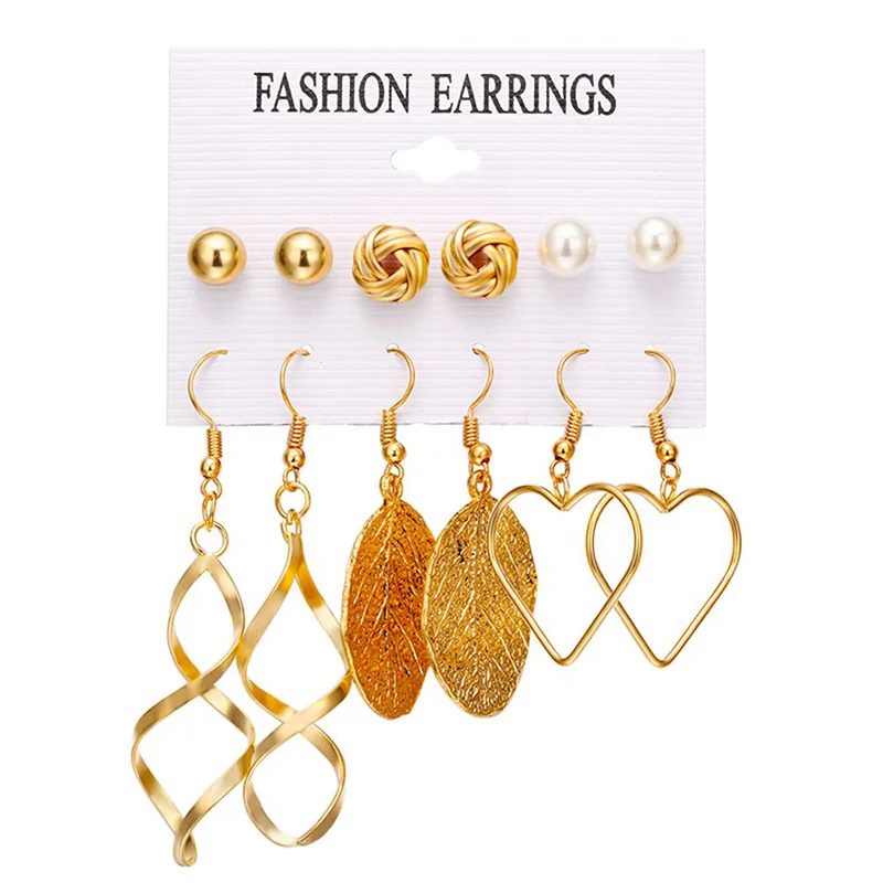 

6 Pairs/Sets Vintage Gold Color Leaves Long Tassel Simulated Pearl Earrings Set For Women Fashion Engraved Brincos Jewelry