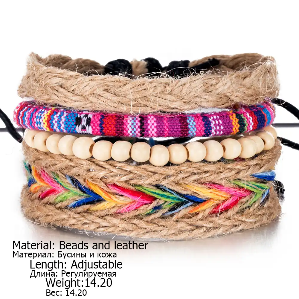 Aliutom 4pcs Set Colorful Beaded Multilayer Handmade Hemp Rope Colorful Beaded Multilayer Handmade