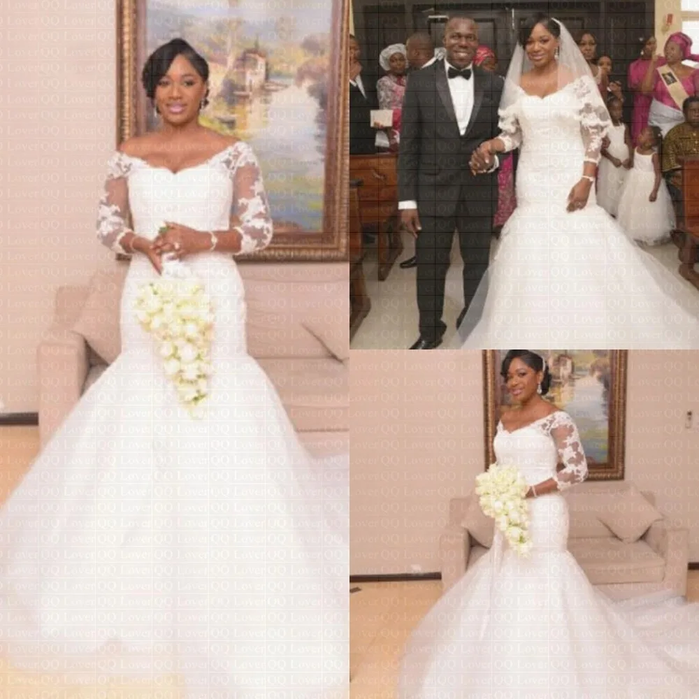 

2019 African Off the shoulder Full Sleeve Mermaid Wedding Dress Bridal Gown