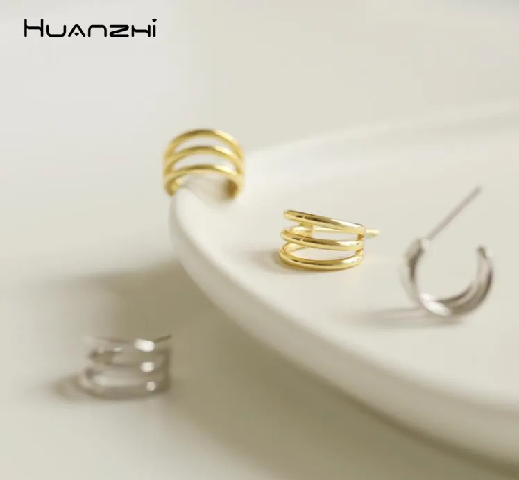 HUANZHI 2019 Ретро корейский трехслойный Круг Дизайн простые серьги из сплава обруч