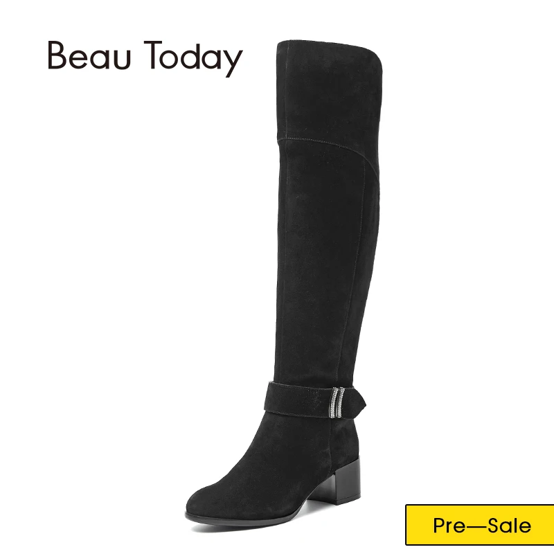 

Wool Women Boots Cow Suede Zip Closure Ctystal Buckle Lady Winter Genuine Leather Long Boots High Heel BeauToday 01302