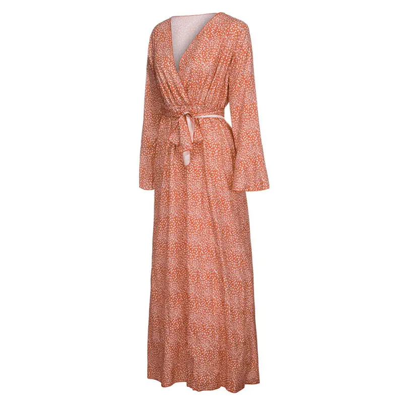 Fashion Women V-Neck Long Dress 2019 Flare Sleeve Elegant Bohemia Floral Print Bow Bandage Maxi Dress Vestidos Plus Size 3Y22 (34)