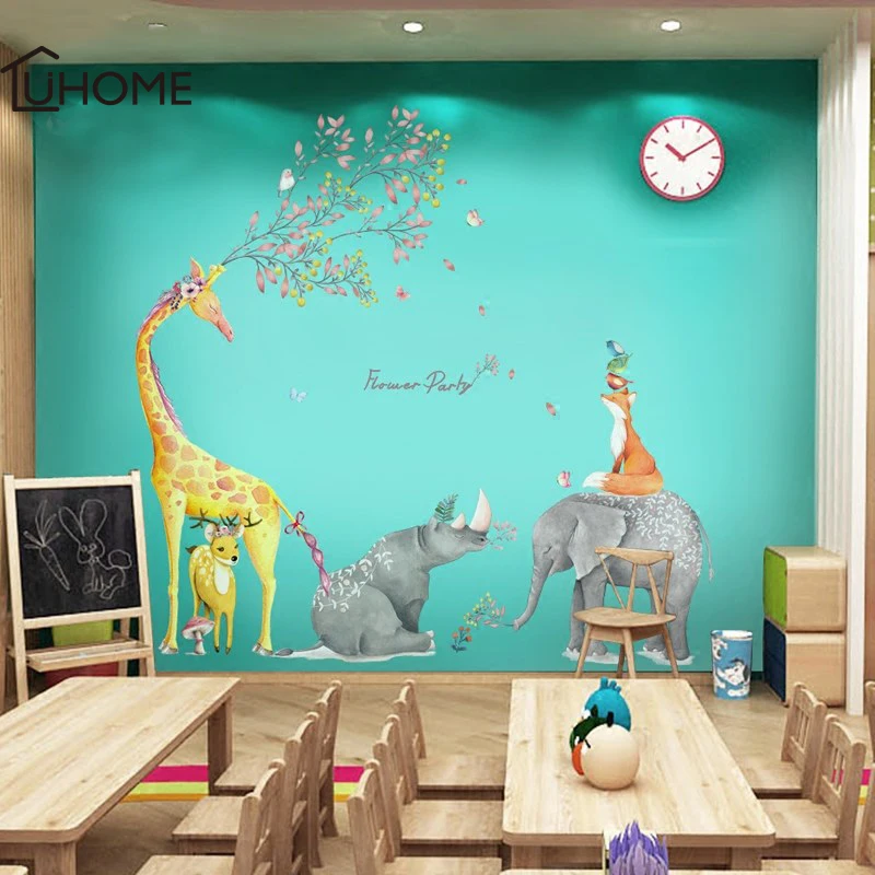 

Forest Animal Large Giraffe Elephant Fox Tree Wall Stickers for Kids Room Children Wall Decal Nursery Bedroom Decor Poster Mural