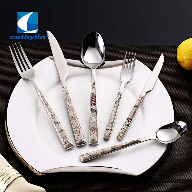 

CATHYLIN 4 pcs/set Cutlery Set Stainless Steel Flatware Marble Pattern Dinnerware Knives Forks Spoons Tableware PL0016