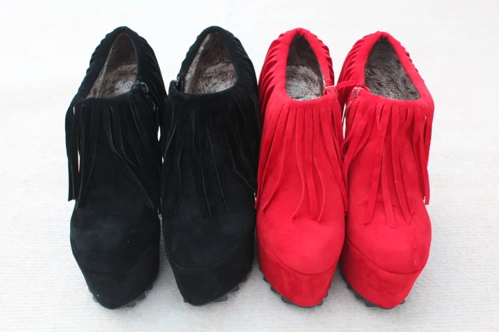 LLXF bota feminina 15 см на высоком каблуке с кисточками обувь на танкетке женские туфли-лодочки из флока на шпильках Зимние ботильоны маленькие размеры: 30, 31, 32, 33, 34