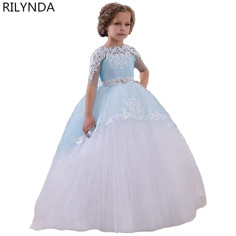 

Fancy dresses for girls Robe Communion Blue Crew Neck Ankle Length Bow Sash Patchwork Long First Communion Dresseslx