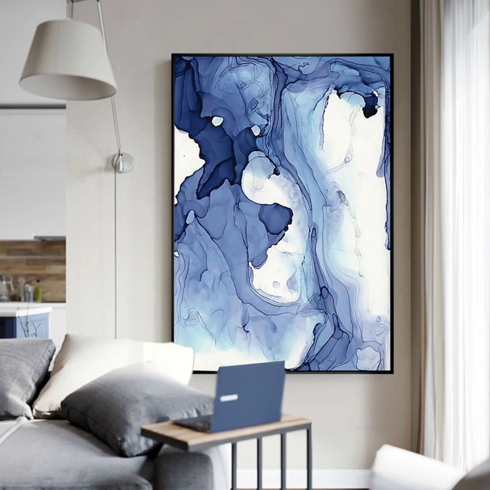 

Wangart Blue watercolor abstract pattern modern art Painting canvas art posters print Canvas printings for home decor