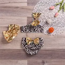 Купальный костюм для маленьких девочек, детский купальник, Детский бикини, набор бикини с леопардовым узором, бантик, купальный костюм на одно плечо, купальный костюм из 3 предметов