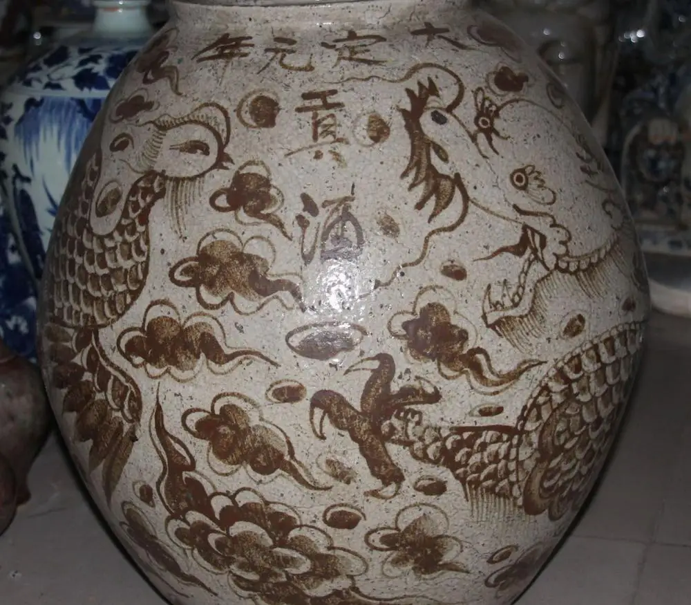 

20" Old Soild Porcelain Imperial Dragon Phoenix Altar Wine Vase Pot Jar Crock