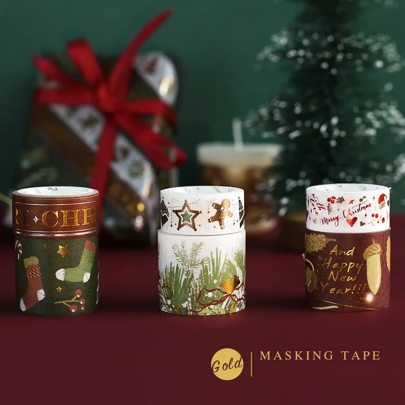 

6pcs Merry Christmas Happy new year gold foil washi tape Decoration Party time 15mm 30mm color masking tapes Stationery A6078