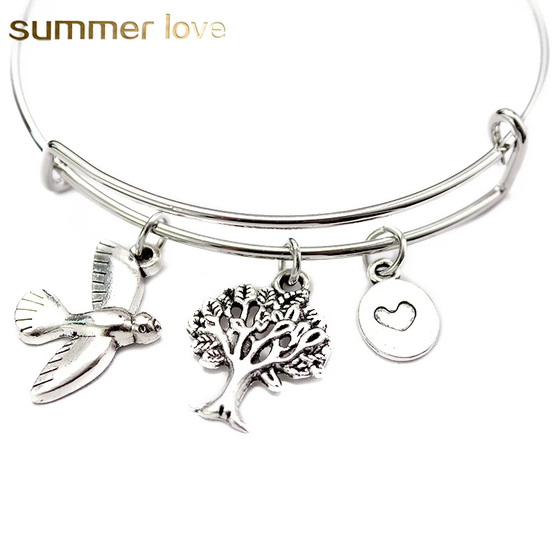 

Sea Star Starfish bird Love Heart tree Charms Bracelets Bangle Adjustable Expandable Wire Bangles Silver Color for Women Jewelry
