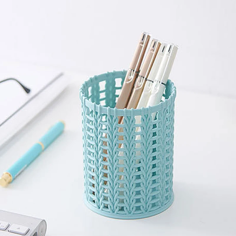 

Rattan Plastic Pen Holder Hollow Out Boxes Desktop Organizer Multifunctional Office Stationery Bucket Pencil Container Case 2019
