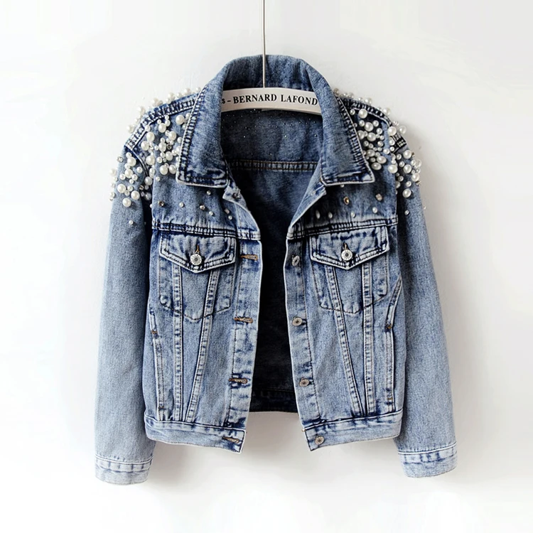 Spring Autumn Women Basic Coats Women Denim Jacket Pearls Beading Fashion Jeans Coat Loose Long Sleeve Jackets 898