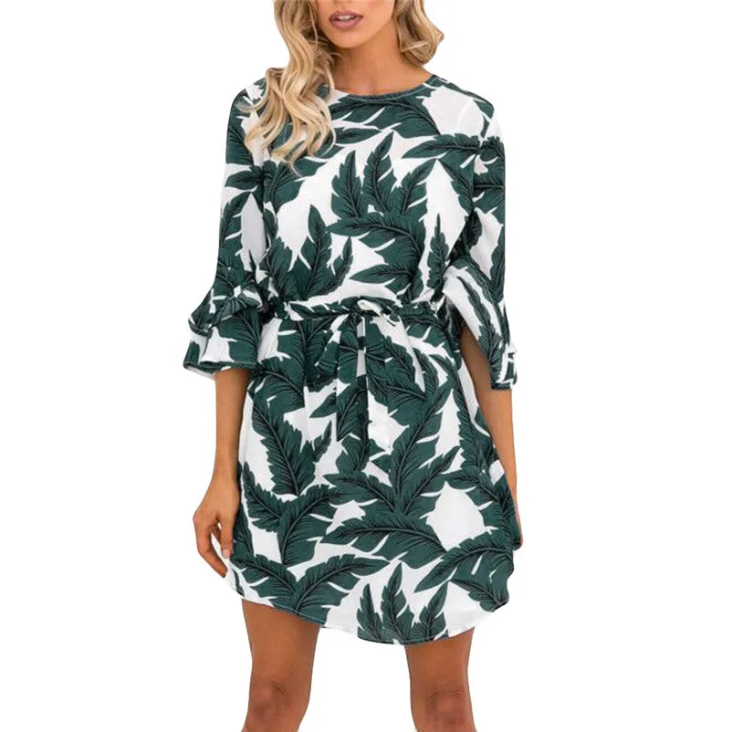Fashion dress women summer Autumn 2018 Ladies Casual Three Quarter Leaf Printed Boho Dresses O-Neck Mini Dress vestido A21#N (3)