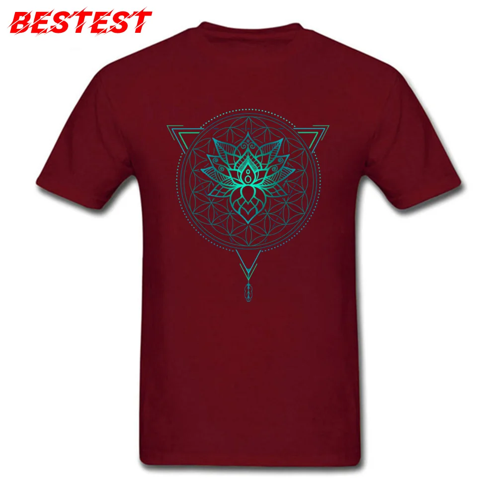 Pure Cotton Men Short Sleeve Crazy Top T-shirts Design T Shirt Funky comfortable Round Collar T-shirts Drop Shipping Lotus Flower of Life Mandala in Geometric Triangle maroon