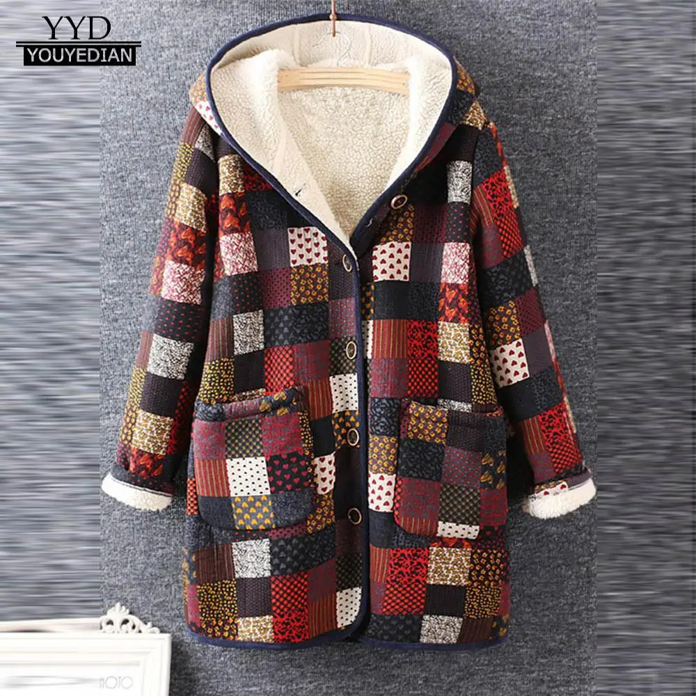 

New Fashion Winter Coat Womens Warm Outwear Floral Print Hooded Pockets Vintage Oversize Coat Female abrigos mujer invierno 2018