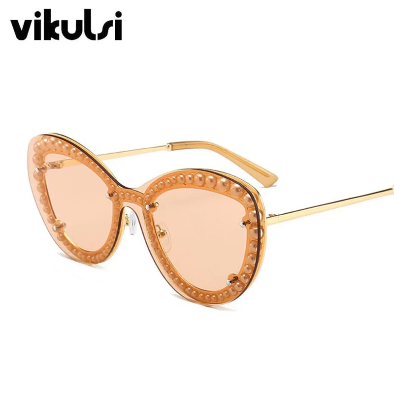 Роскошные женские солнцезащитные очки без оправы в стиле ретро, женские модные брендовые дизайнерские солнцезащитные очки с интегрированным жемчугом для женщин, зеркальные Оттенки UV400 - Цвет линз: D460 C2 orange